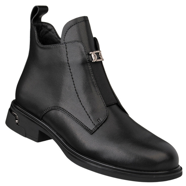 Skórzane Botki z ozdobą D&A S.Barski JC52-850 czarne płaskie ocieplone