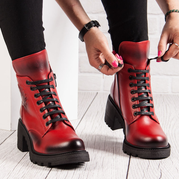 Czerwone Botki skórzne damskie Artiker 53C1123 red zimowe