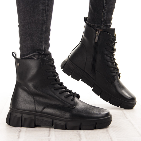 Czarne Botki damskie Potocki 19319BK czarne na grubej podeszwie