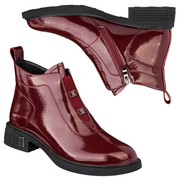 Lakierowane Botki z ozdobami D&A S.Barski MR52-118 wine bordowe skórzane