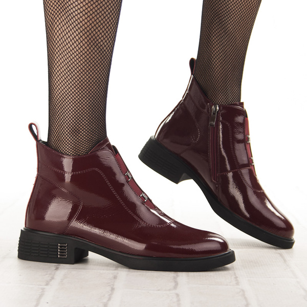 Lakierowane Botki z ozdobami D&A S.Barski MR52-118 wine bordowe skórzane