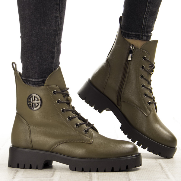 Botki khaki damskie Potocki 12672KH zielone na grubej podeszwie ocieplone