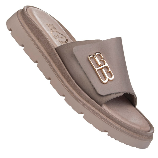 Polskie skórzane klapki damskie Lemar 40442 BF. Taupe beżowe wygodne