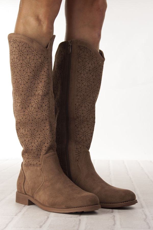 Ażurowe kozaki S. Barski HY52-533 coffee zamszowe brązowe beżowe