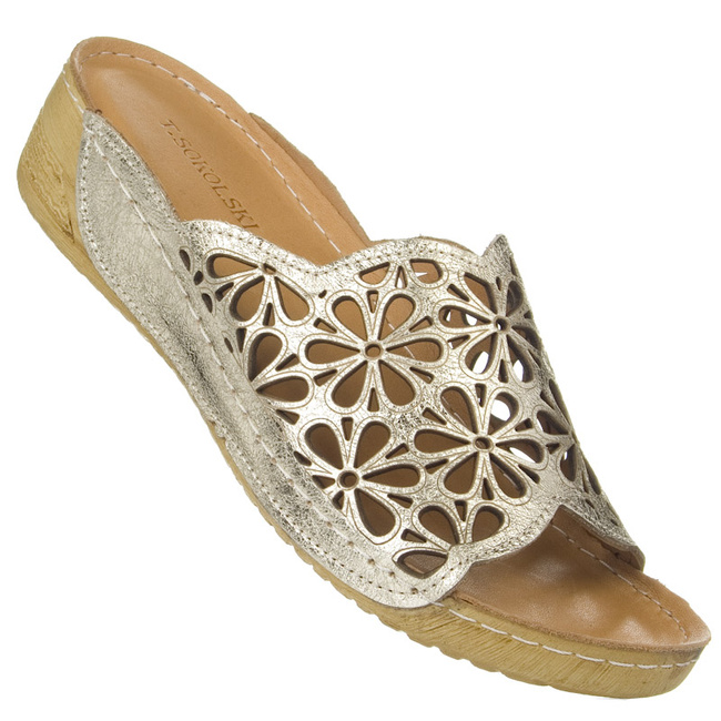 Złote klapki ażurowe damskie T. Sokolski HH L225 GOLD skórzane