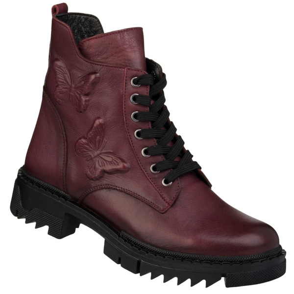 Bordowe botki na grubej podeszwie Artiker 57C2297 skórzane ocieplone