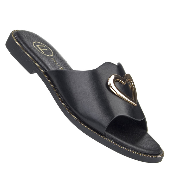 Czarne Klapki damskie płaskie Filippo DK6909/25 BK z ozdobą serce