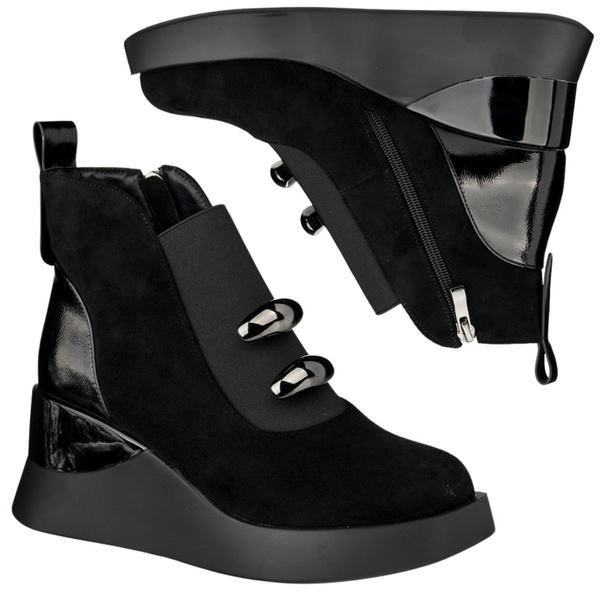 Zamszowe Botki damskie na koturnie D&A S.Barski MR52-106 czarne