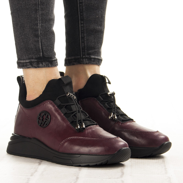 Bordowe Botki na platformie damskie Filippo DBT7168/25 BG skórzane