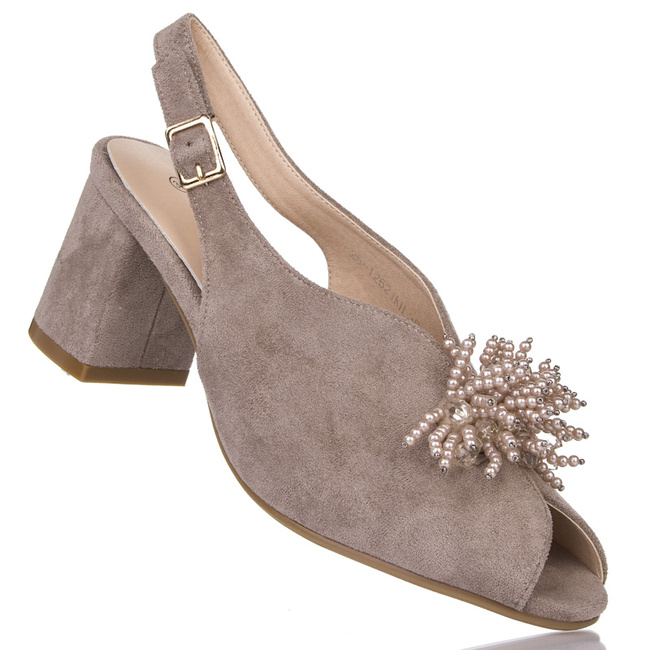 Beżowe sandały z obcasie damskie z ozdobą Potocki 12621KH khaki