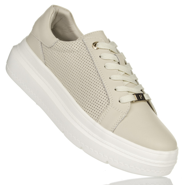 Beżowe sneakersy na platformie ażurowe damskie Filippo 6731 skórzane