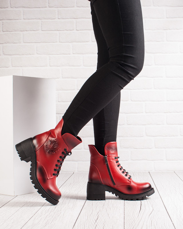 Czerwone Botki skórzne damskie Artiker 53C1123 red zimowe