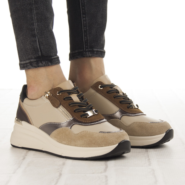 Beżowe sneakersy na platformie damskie Filippo DP7105/25 BE skórzane