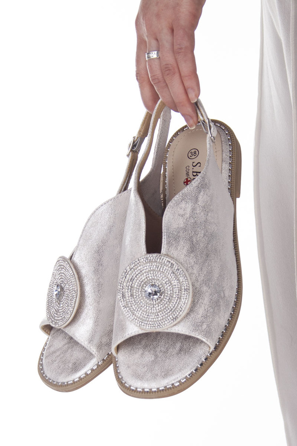 Eleganckie sandały damskie srebrne S. Barski 012 skórzana wkładka