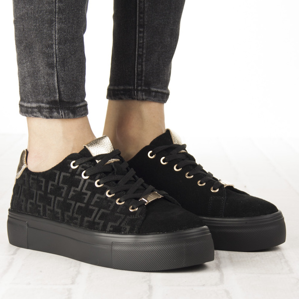 Czarne sneakersy na platformie damskie Filippo 6850/25 skórzane zamszowe