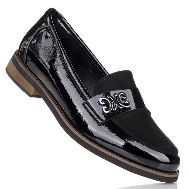 Eleganckie półbuty loafersy damskie Potocki 12570 czarne lakierowane