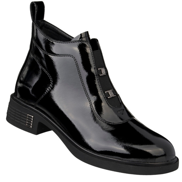 Lakierowane Botki z ozdobami D&A S.Barski MR52-118 czarne skórzane