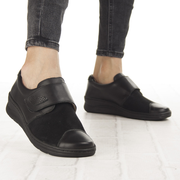Buty Barefoot damskie na rzepy Helios 462 czarne skórzane Polskie