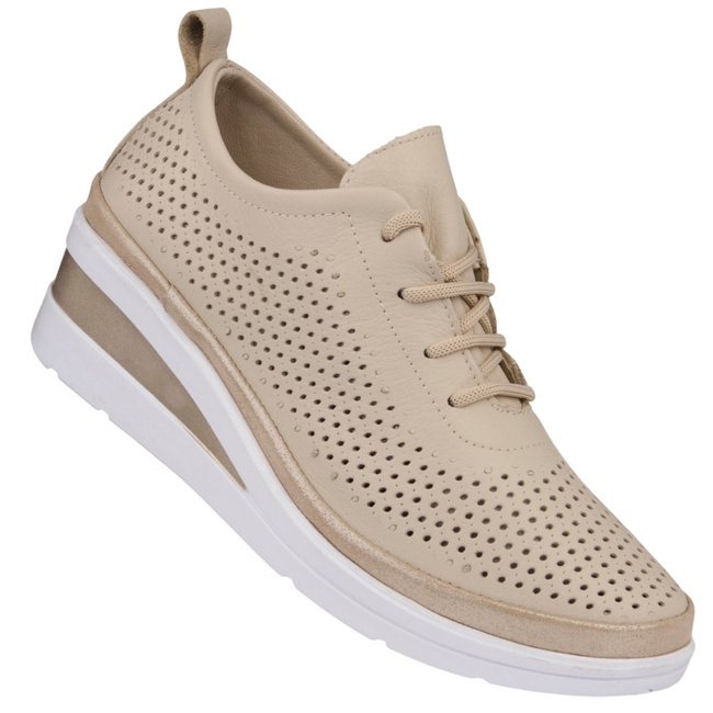 Ażurowe półbuty na koturnie T. Sokolski AMI W26-150 BEIGE beżowe skórzane