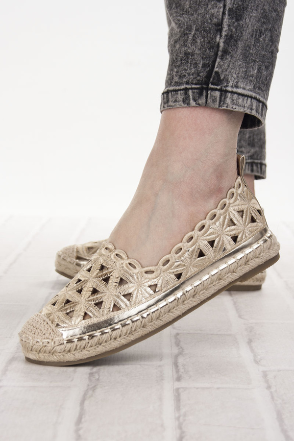 Espadryle damskie Potocki 16348GD złote materiałowe lekkie ażurowe 