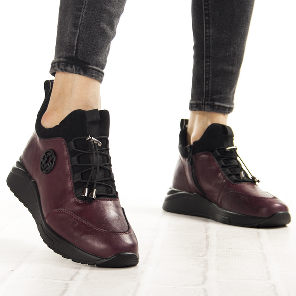 Bordowe Botki na platformie damskie Filippo DBT7168/25 BG skórzane