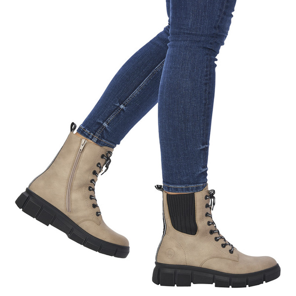 Beżowe Botki workery damskie Rieker X3414-60 ciepłe zimowe ocieplone