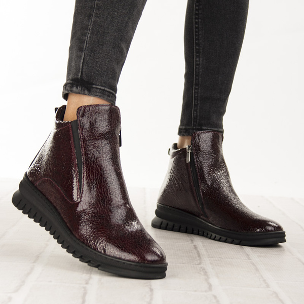 Lakierowane Botki na zamek damskie Artiker 57C2165 bordowe skórzane