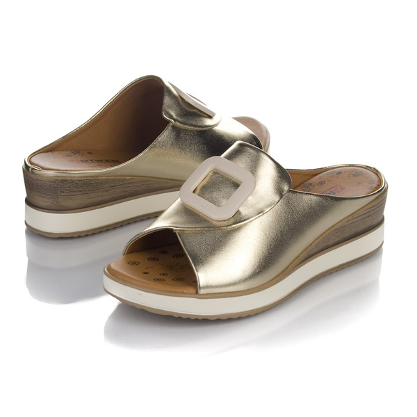 Złote klapki na koturnie damskie Artiker 56C2146 LT.GOLD skórzane