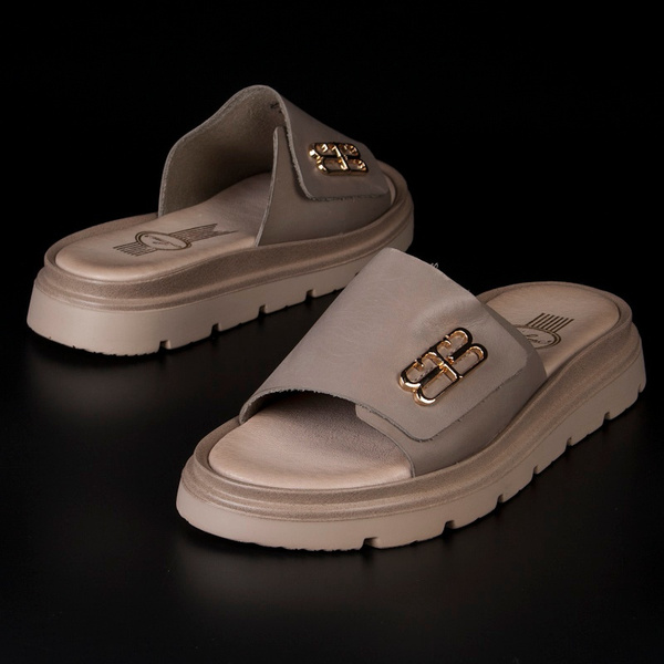 Polskie skórzane klapki damskie Lemar 40442 BF. Taupe beżowe wygodne