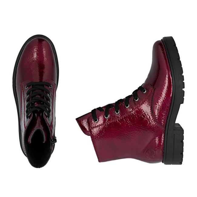 Lakierowane Botki damskie Rieker Z2841-33 red bordowe ocieplane futerkiem