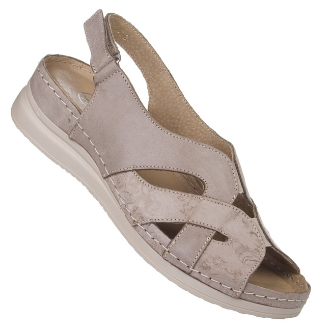 Sandały na rzepy damskie skórzane Helios 144 beżowe wygodne szerokie