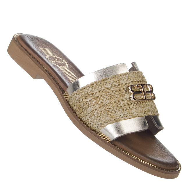 Klapki płaskie damskie z plecionką Lemar 40426 złote polskie buty