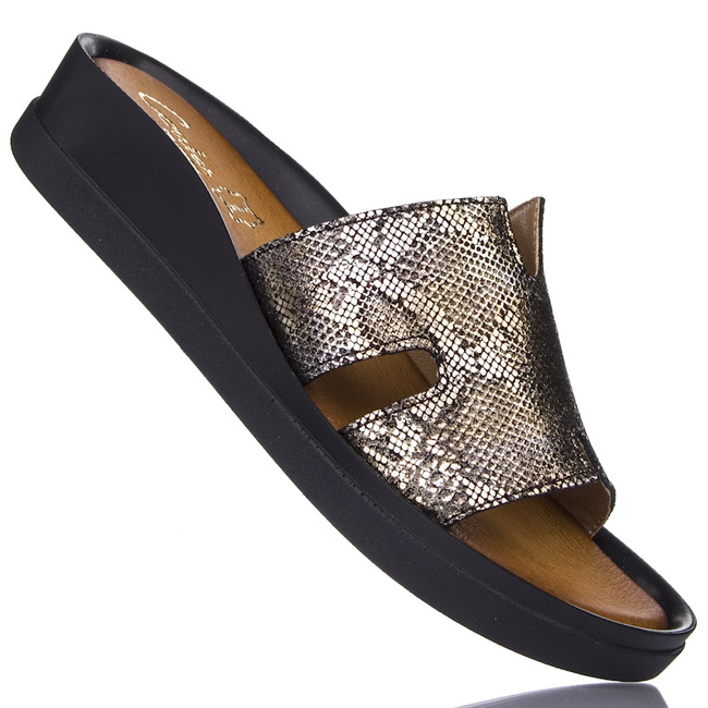 Klapki na platformie z metalicznym wzorem Contes 593 skórzane wąż