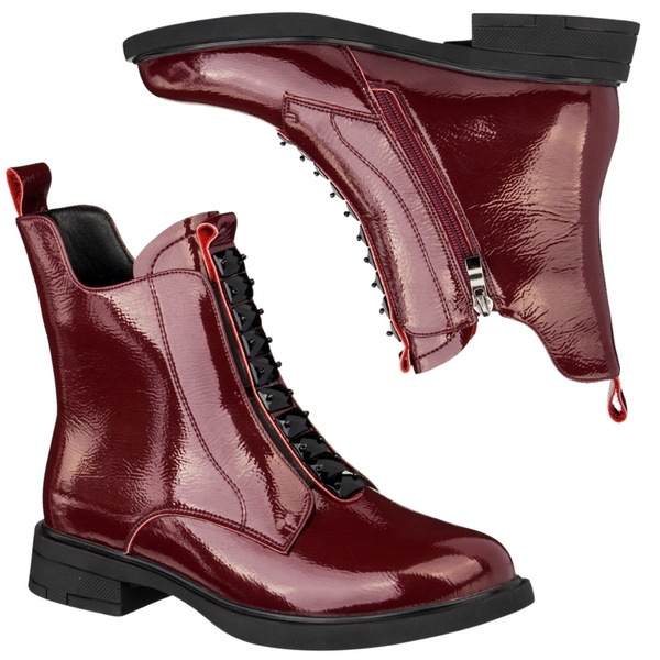 Lakierowane Botki z ozdobami D&A S.Barski MR52-108 WINE bordowe skórzane