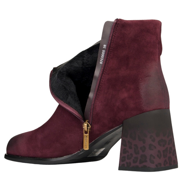 Zamszowe Botki na słupku damskie Artiker 57C0005 bordowe skórzane
