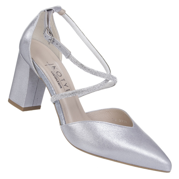 Srebrne czółenka damskie Kotyl 3739 srebrny ef skórzane buty ślubne