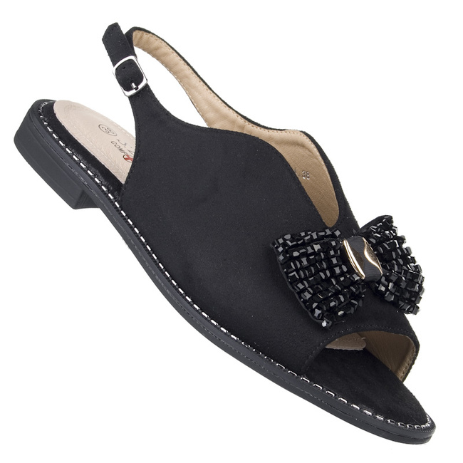 Czarne sandały damskie z ozdobą biżuterią S.Barski 014 black płaskie