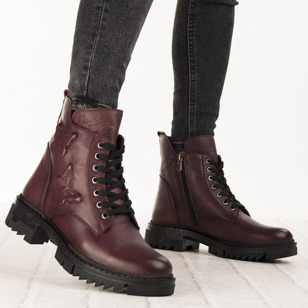 Bordowe botki na grubej podeszwie Artiker 57C2297 skórzane ocieplone