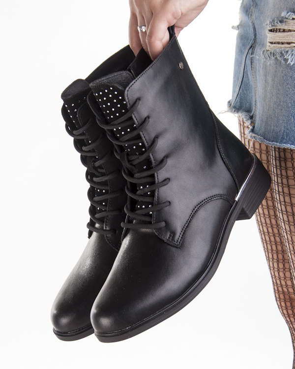 Botki damskie skórzane wiązane Filippo DBT4747/25 BK D czarne