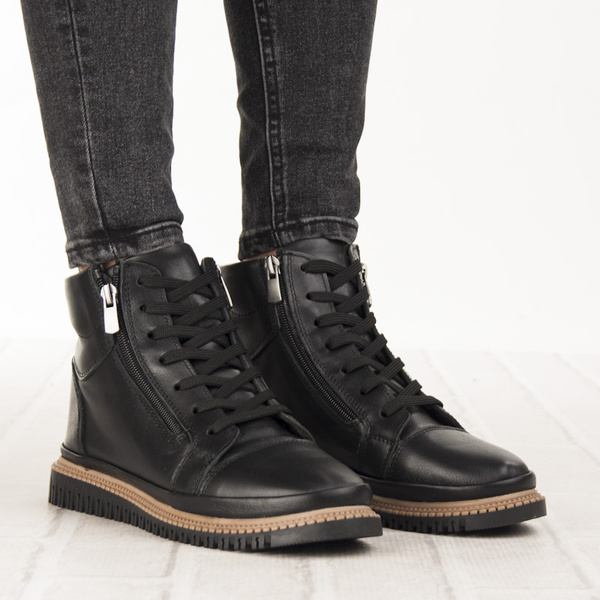 Czarne botki damskie Artiker 55C0787 skórzane podwójny zamek ciepłe