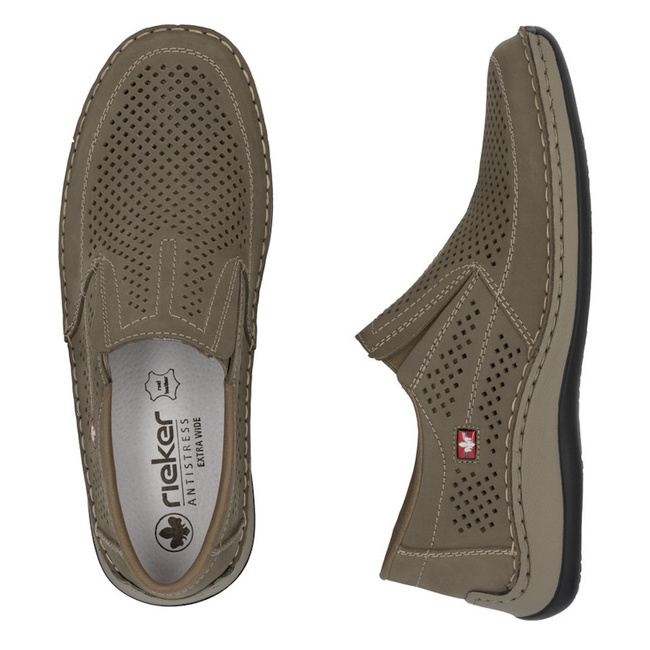 Skórzane mokasyny męskie ażurowe Rieker 05277 beige beżowe extra wide