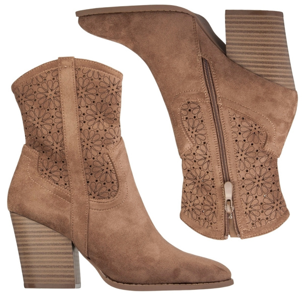 Ażurowe botki na obcasie S. Barski HY52-514 coffee beżowe kowbojki