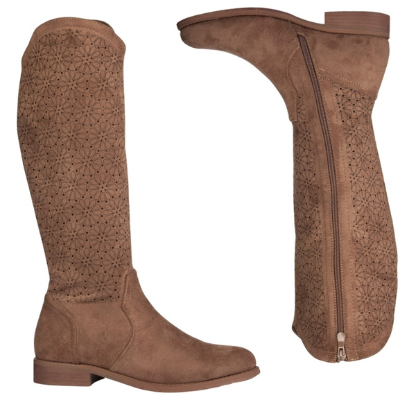 Ażurowe kozaki S. Barski HY52-533 coffee zamszowe brązowe beżowe