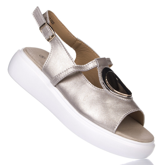 Sandały na platformie S. Barski GR51-603 silver srebrne skórzane