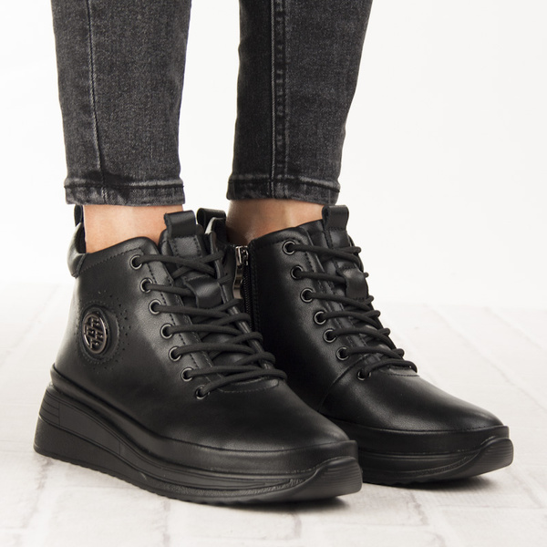 Czarne Botki na platformie damskie Filippo DBT4215/25 BK BK skórzane