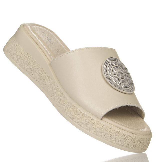 Klapki na platformie damskie Filippo DK6987/25 BE beżowe skórzane