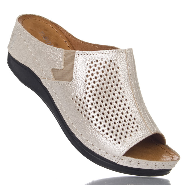 Złote klapki damskie ażurowe na koturnie T. Sokolski L25-157 gold