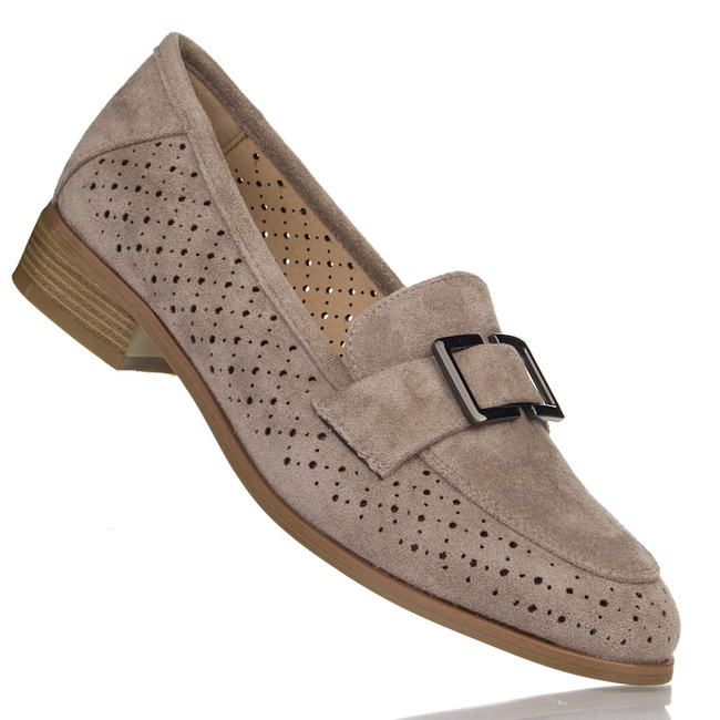 Eleganckie półbuty loafersy damskie Potocki 12616KH khaki zamszowe