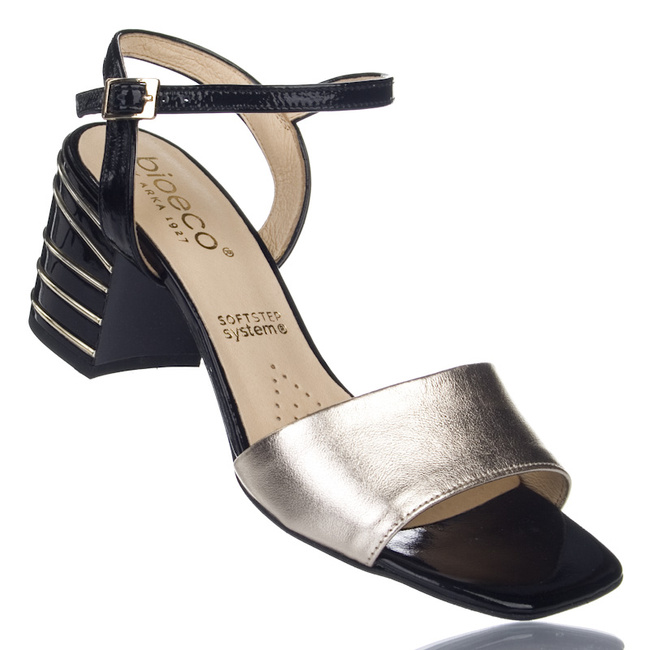 Złote sandałki na obcasie damskie Bioeco Arka 4140 skórzane