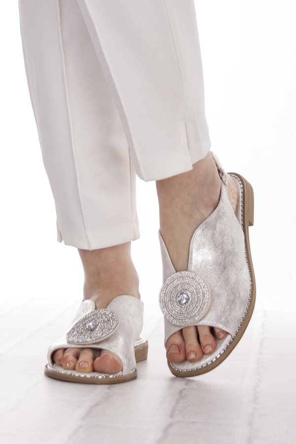 Eleganckie sandały damskie srebrne S. Barski 012 skórzana wkładka